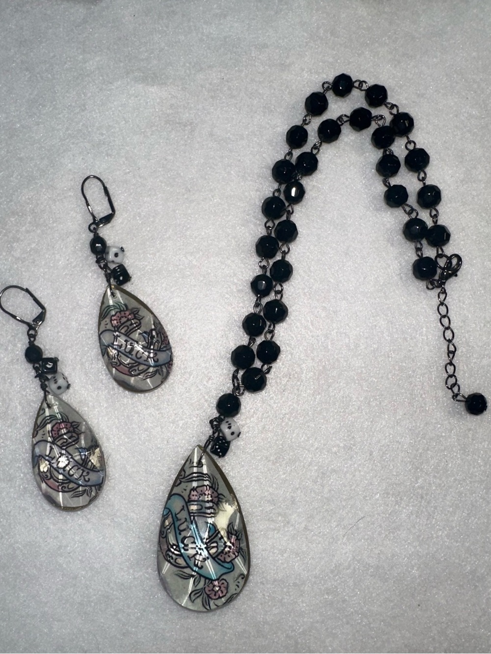 Rockabilly Tattoo Flash LUCK Teardrop Necklace Earrings Set Dice Charms Y2K